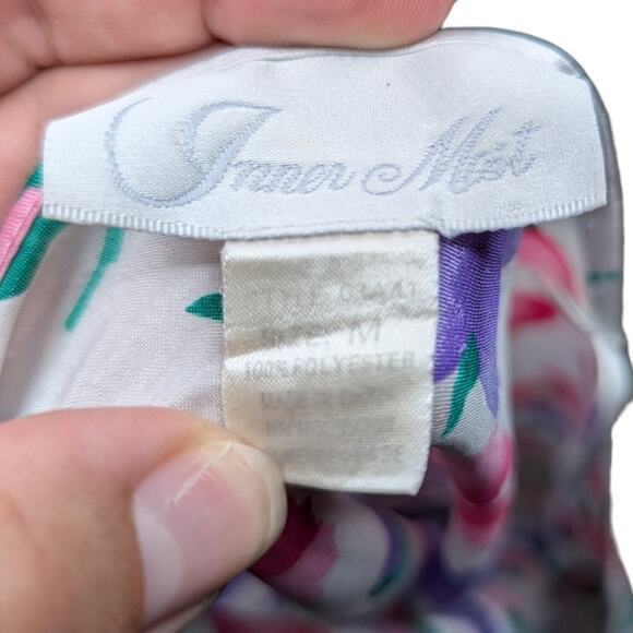 Vtg 1990s Inner Most White Pink Floral Print Satin V-Neck Mini Slip Dress M - Picture 4 of 4